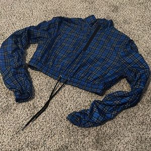Blue/Black/White Windbreaker Crop Plaid Jacket